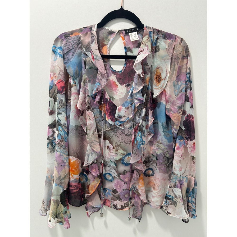 Venus Floral Ruffle Boho whimsical blouse women M Sheer Bell Sleeve Keyhole Back